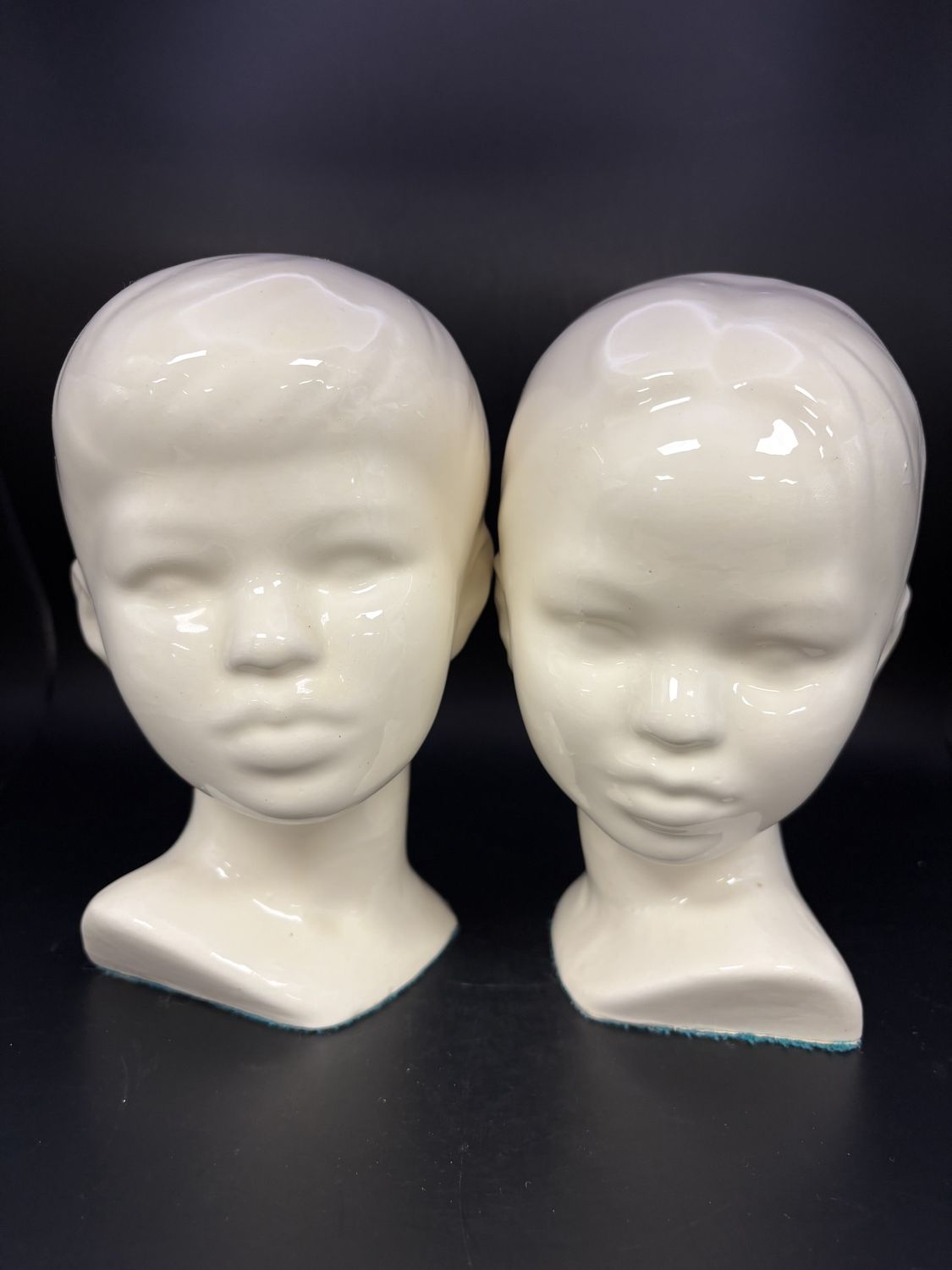 Sculpture. High-gloss Porcelain Busts of Boy &amp; Girl. Ivory. 7&quot;H (Set of 2)