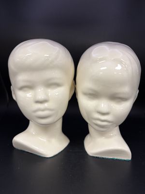 Sculpture. High-gloss Porcelain Busts of Boy &amp; Girl. Ivory. 7"H (Set of 2)