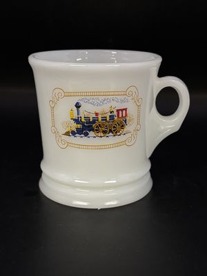 Home &amp; Bath. USA. Avon. Milk Glass Mug w/ Locomotive Train Design, "Iron Horse." 4"H