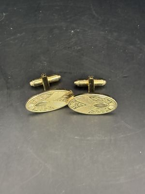Jewelry. Cuff Links. Deco Men's Floral &amp; Linear Oval Gold. Set of 2. 1950's. 1.13"W