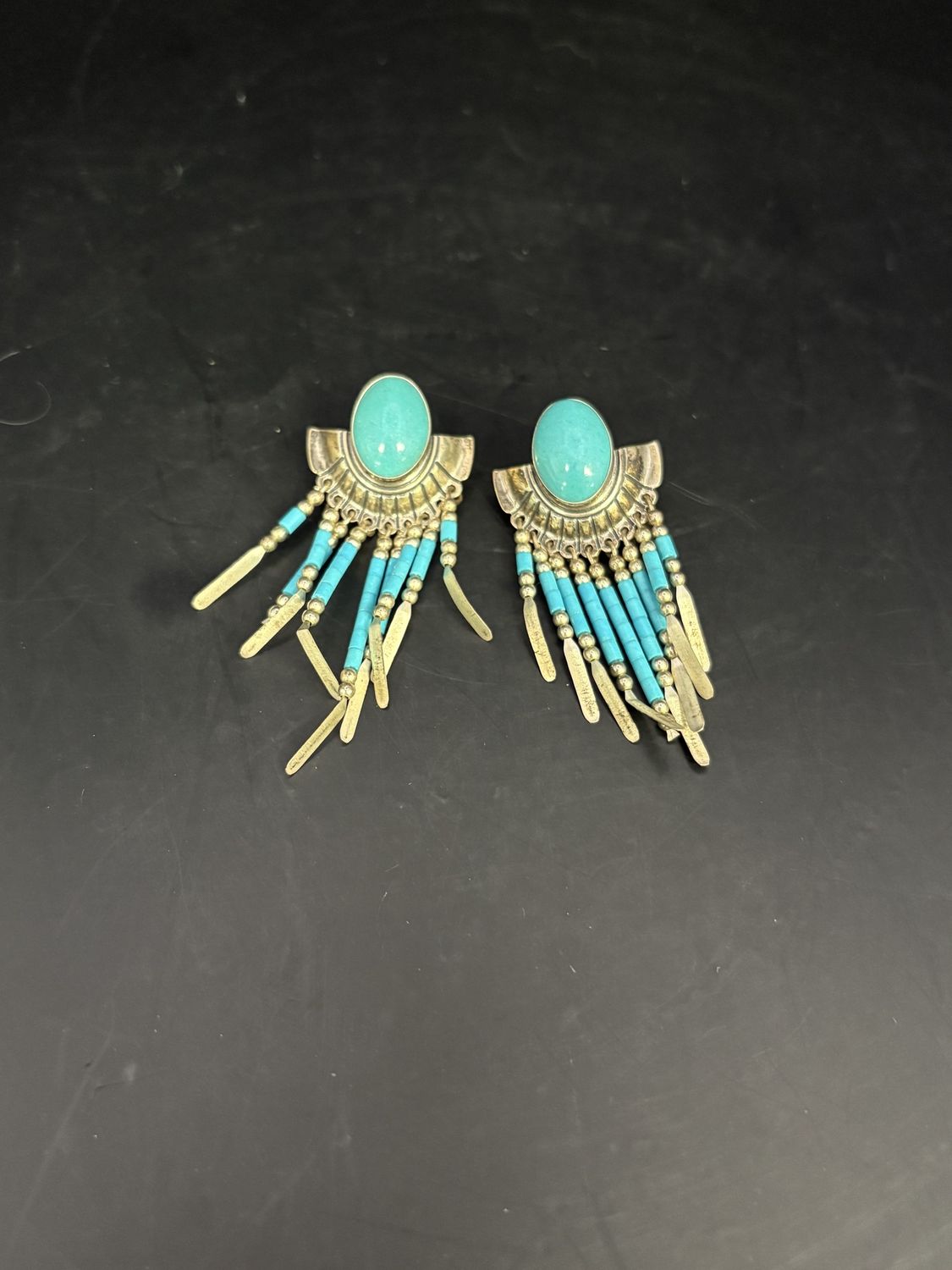 Jewelry. Earrings. Sterling Silver and Turquoise Earrings With beaded Strings. Set of 2. 2.13&quot;H
