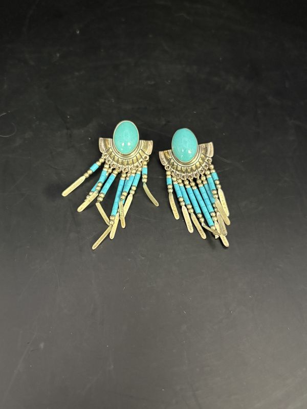 Jewelry. Earrings. Sterling Silver and Turquoise Earrings With beaded Strings. Set of 2. 2.13&quot;H