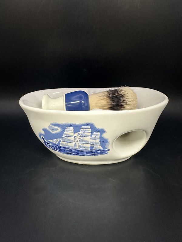 Home &amp; Bath. USA. House of Fuller. Shaving Cup w/Brush. White w/ Blue Sailing Ship on Sides. 6&quot;H