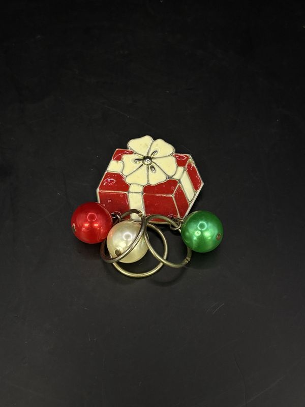 Jewelry. Pin. Red Christmas Present, White Ribbon, Bow, &amp; Dangling Ornaments. 2.25”H