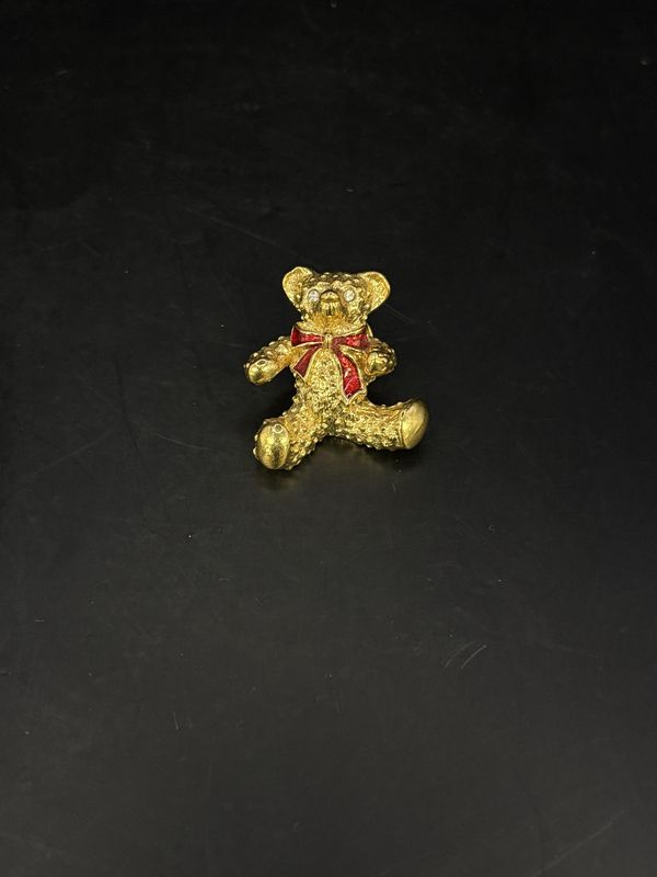 Jewelry. Pin. Gold Teddy Bear w/ Red Ribbon &amp; Rhinestones. 1.25&quot;H