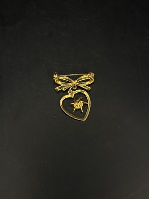 Jewelry. Pin. Gold Heart and Ribbon w/ Pink Rhinestone Hanging in Center. 1.25"h