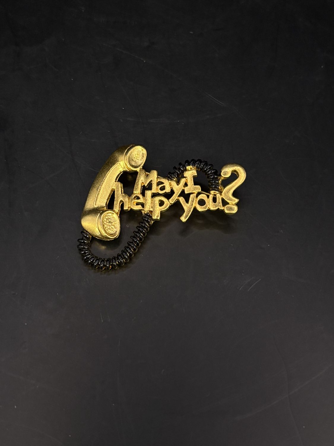 Jewelry. Pin. Gold Telephone w/ Black Wire and Text &quot;May I Help You?&quot; 1.5&quot;W