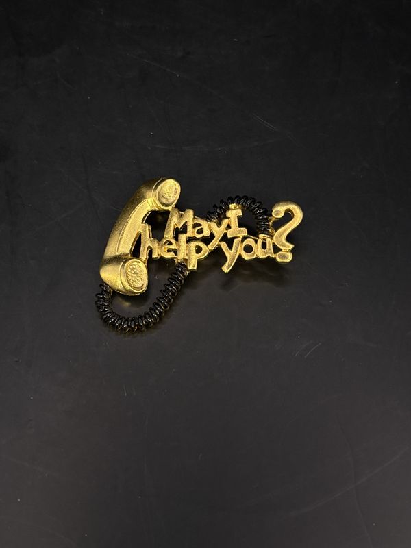 Jewelry. Pin. Gold Telephone w/ Black Wire and Text &quot;May I Help You?&quot; 1.5&quot;W