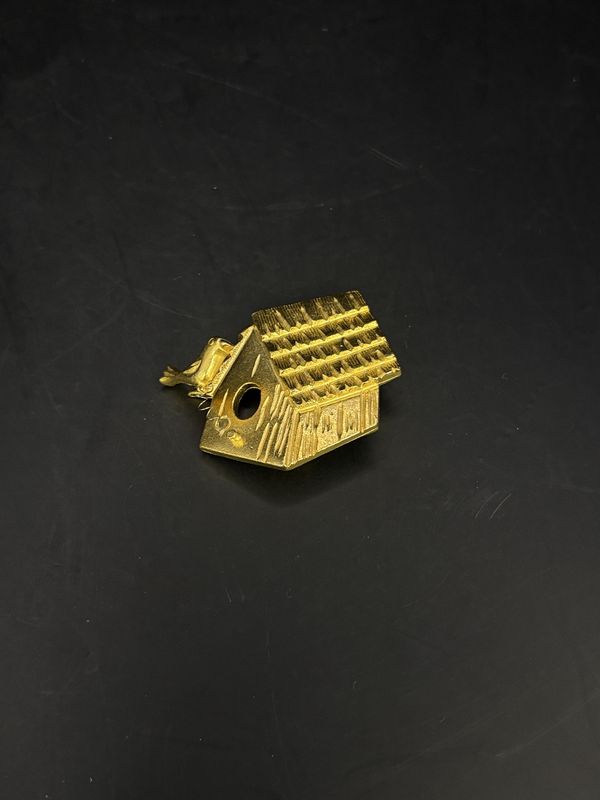 Jewelry. Pin. Gold Birdhouse w/ Bird on Coil Hanging Out. 1.25&quot;H