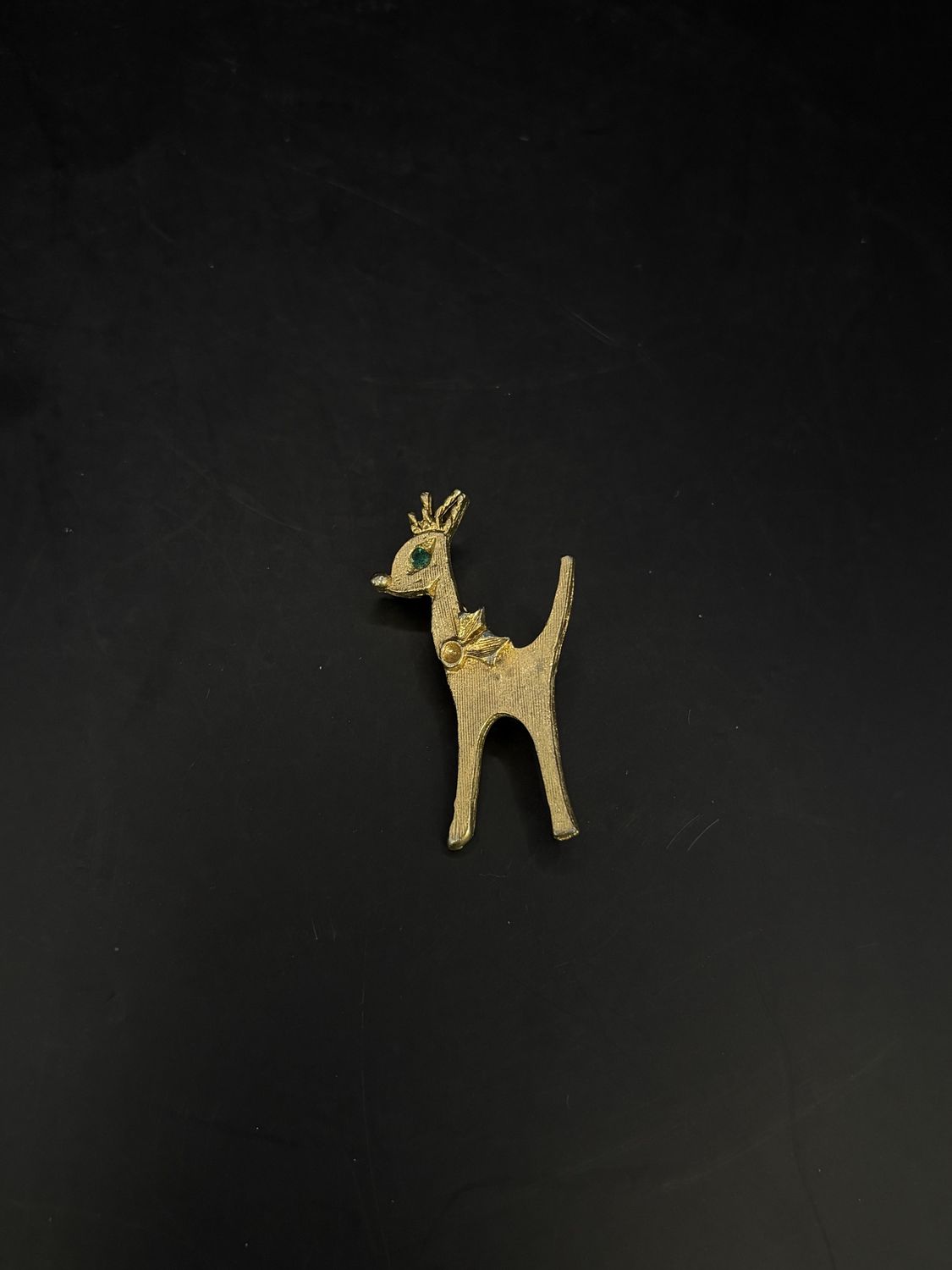 Jewelry. Pin. Gold Reindeer w/ Green Rhinestone Eye. 1.75&quot;H