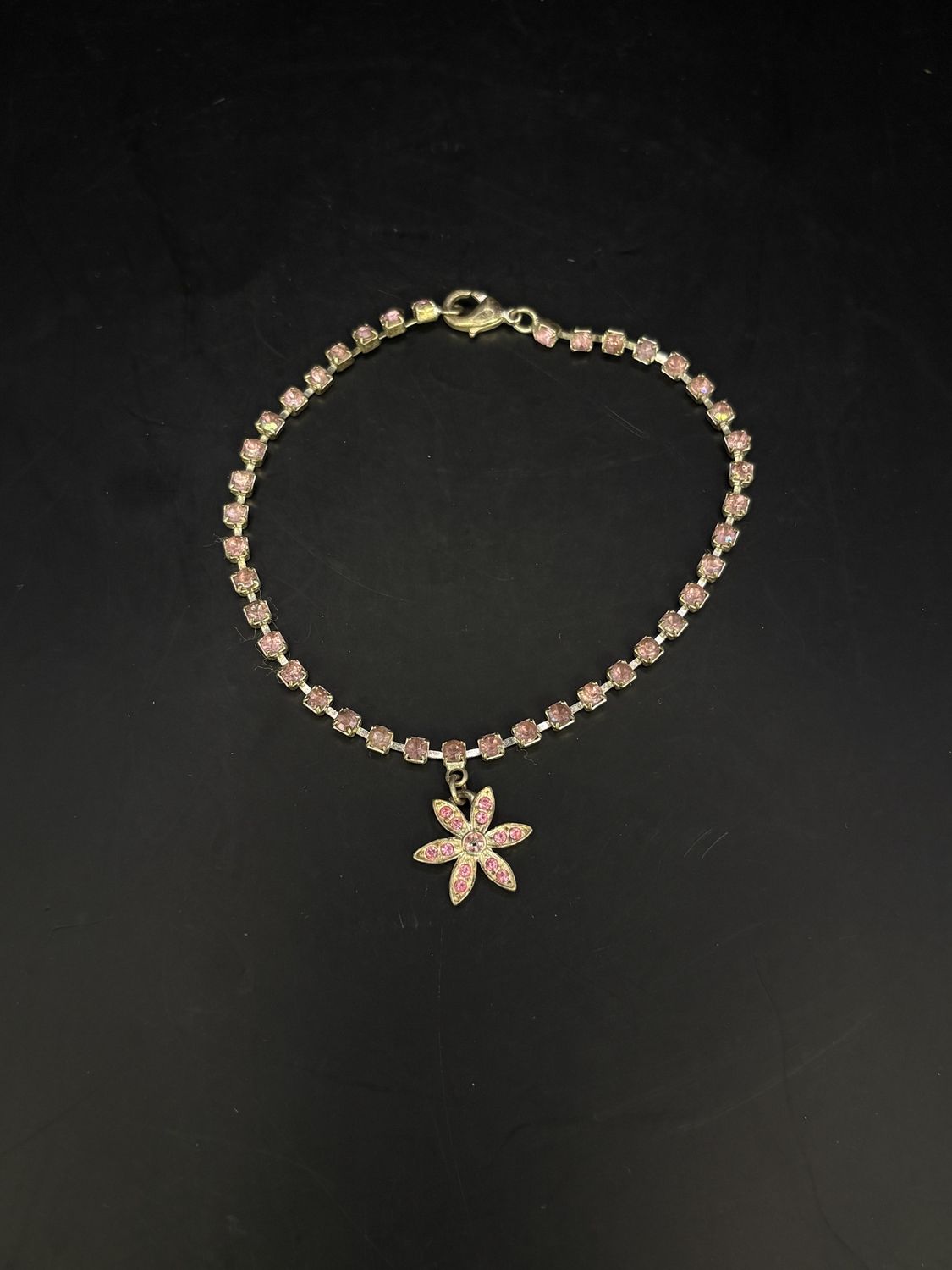 Jewelry. Necklace. Avon. Silver Tone Pink Rhinestone and Flower Charm Necklace. 4.5&quot;H