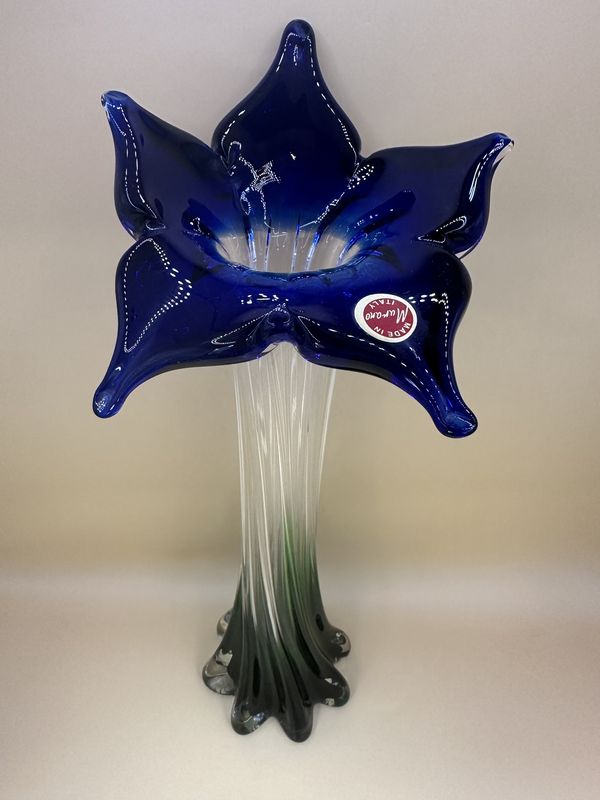 Glass. Italy. Murano Blown Glass Vase w/Sculpted Flower Top. Cobalt Blue Flower &amp; Green Base. 11&quot;H