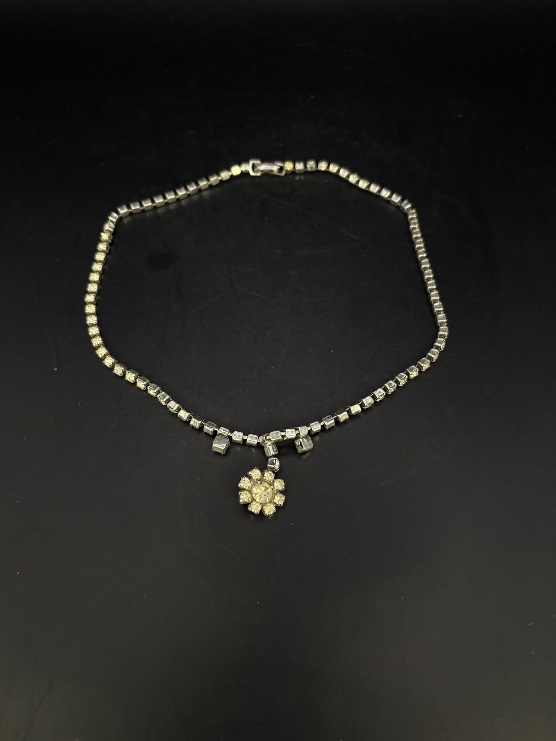 Jewelry. Necklace. Silver Square Charm Chain w/ Flower Charm. 7&quot;H
