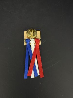 Jewelry. Pin. "God Bless America" Gold Tone Pin w/ Flag Engraved. Red White Blue Ribbons Attached. 2"H