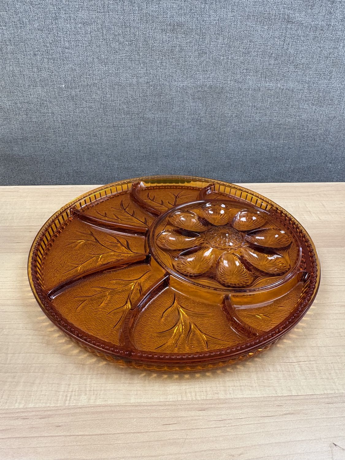 Glass. USA. Indiana Glass. Amber Glass Egg Tray. 13&quot;W