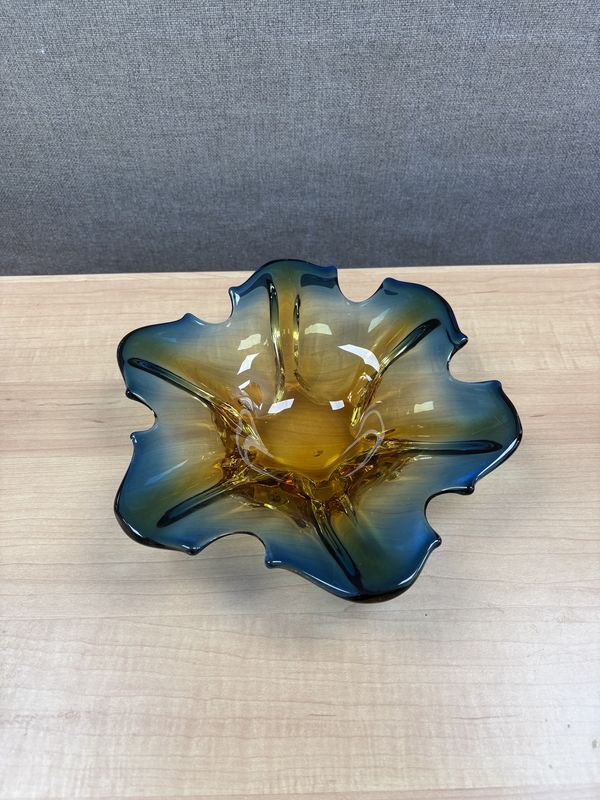 Glass. Italy. Murano. Blue &amp; Yellow Flower Shaped Bowl. 9.5&quot;W