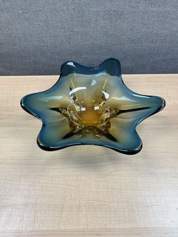 Glass. Italy. Murano. Blue &amp; Yellow &quot;Splash&quot; Bowl. 10.5&quot;W