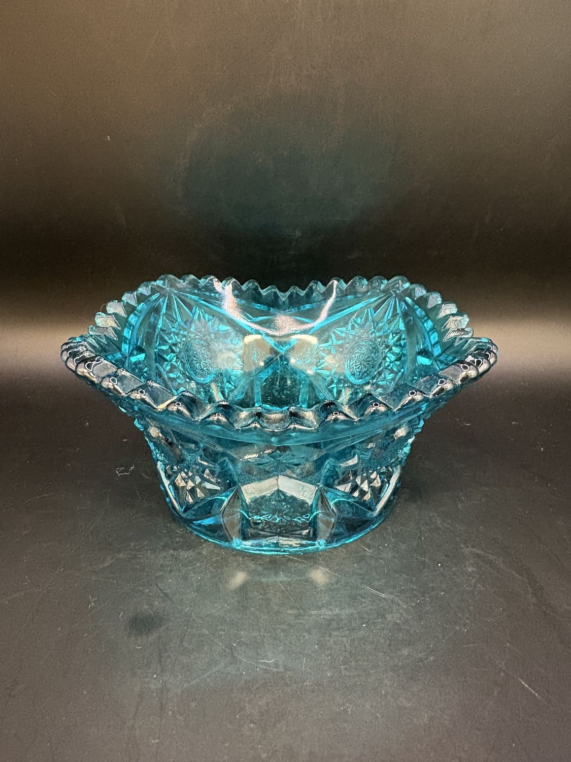 Glass. USA. LE Smith. Blue Square Flared Top Dish. 5.88&quot;W