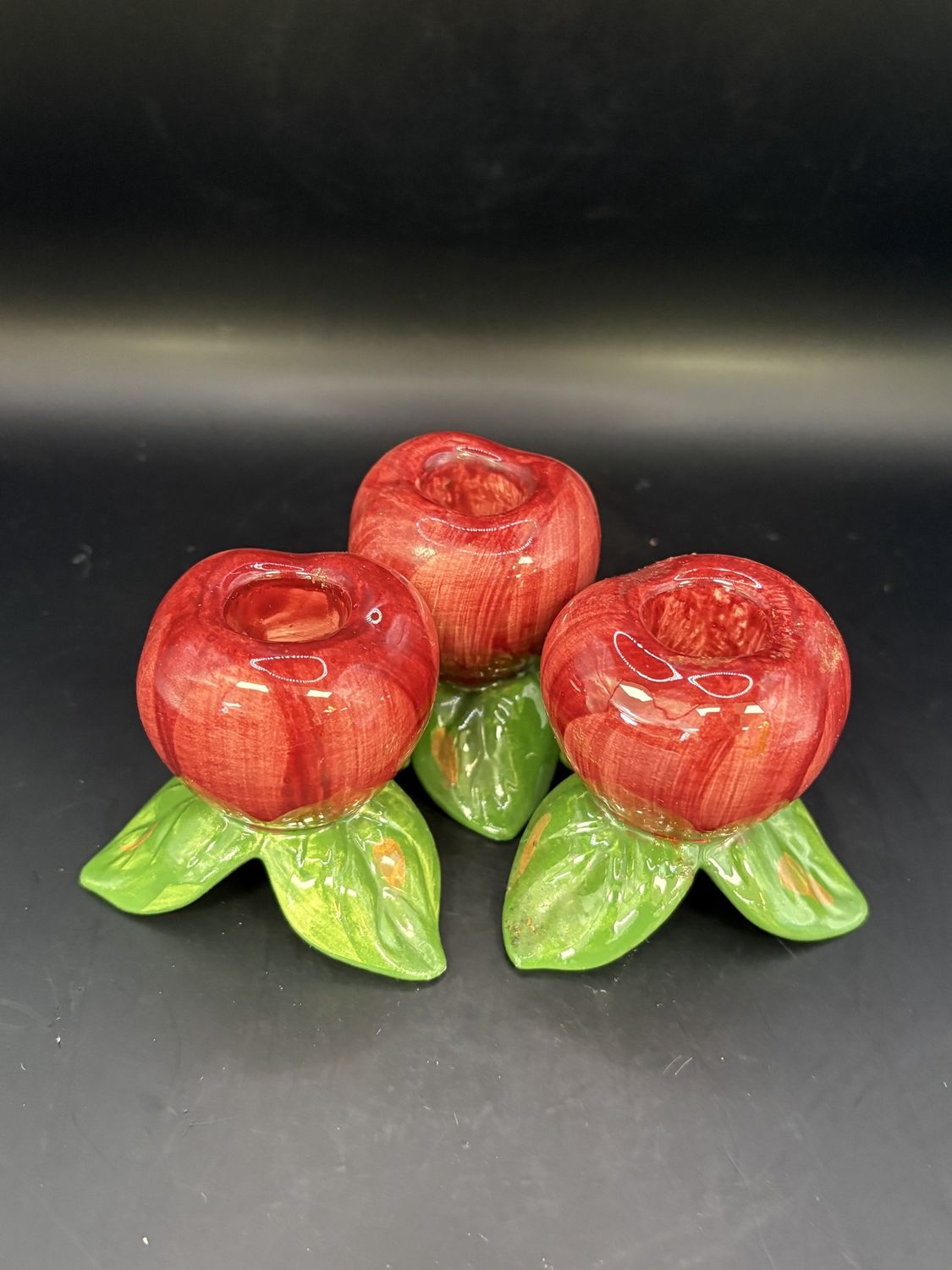 Ceramic. USA. Franciscan. Apple Pattern. Candle Stick Holders. Set of 3. 2.5&quot; H