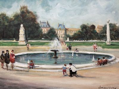 Artwork (Painting). USA. Palace with Fountain. Gold Frame. 25.5"W x 21.5"H