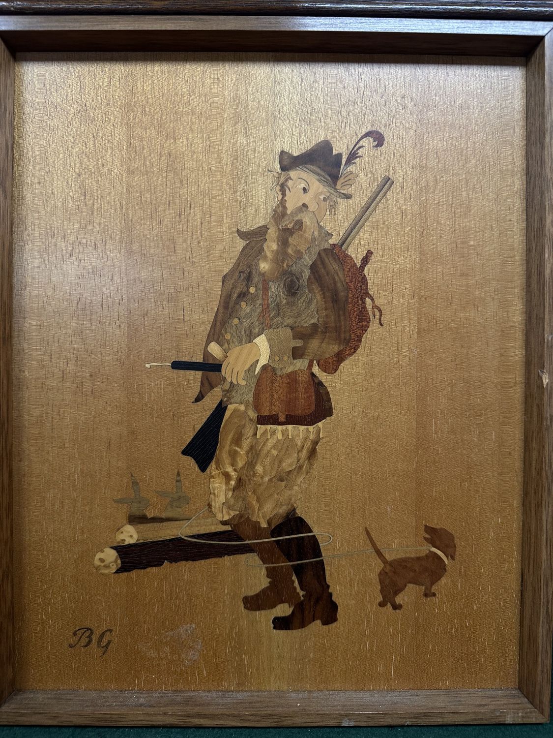 Artwork (Other). Germany. Buchschmid &amp; Gretaux. Inlaid Wood Marquetry Plaque Depicting Man w/Dachshund. 10.25&quot;W x 12.25&quot;H