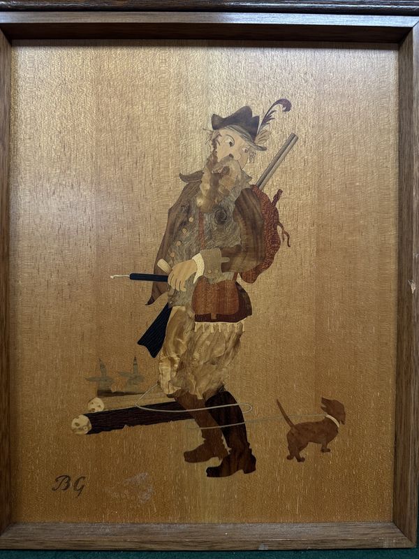 Artwork (Other). Germany. Buchschmid &amp; Gretaux. Inlaid Wood Marquetry Plaque Depicting Man w/Dachshund. 10.25&quot;W x 12.25&quot;H