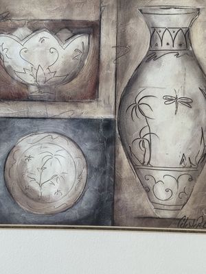 Artwork (Print). Celeste Peters. Drawings of Bowl, Plate, &amp; Pitcher. 17"W x 17"H