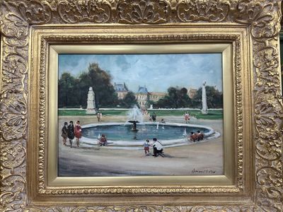 Artwork (Painting). USA. Palace with Fountain. Gold Frame. 25.5"W x 21.5"H