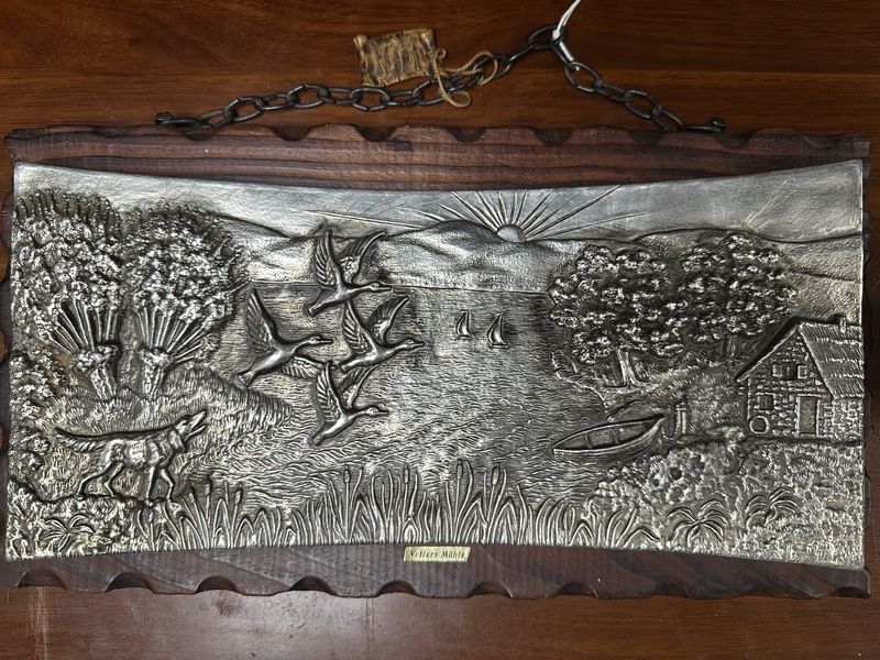 Artwork (Other). Germany. Pewter Bas Relief. Hunting Scene. 13.5&quot;W x 7&quot;H