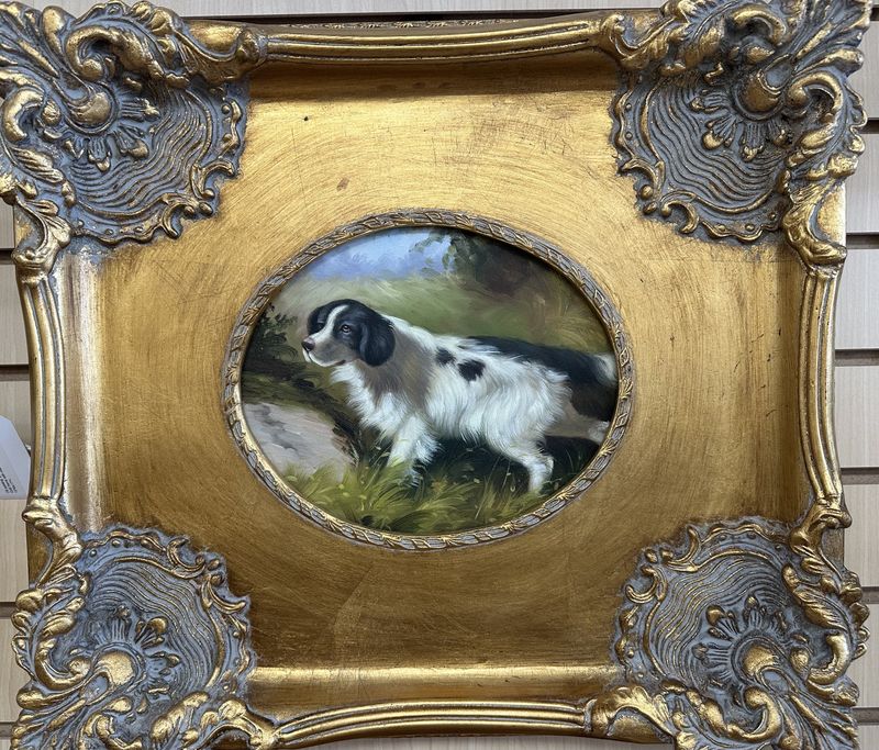 Artwork (Painting). Border Collie. Gold Frame with Oval Center. 19&quot;W x 17&quot;H