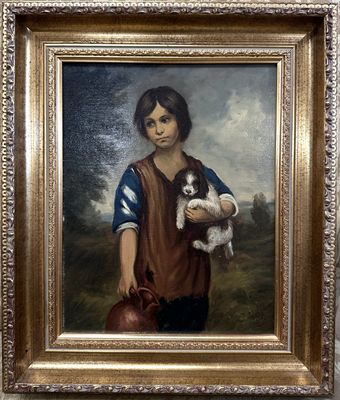 Artwork (Painting). Thomas Gainsborough. Gold-framed "Girl with Dog &amp; Pitcher". Museum-grade Reproduction. 14"W x 17"H