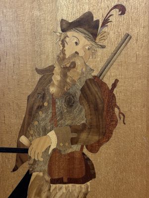 Artwork (Other). Germany. Buchschmid &amp; Gretaux. Inlaid Wood Marquetry Plaque Depicting Man w/Dachshund. 10.25"W x 12.25"H