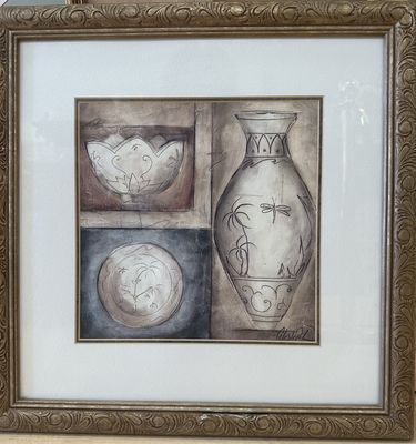 Artwork (Print). Celeste Peters. Drawings of Bowl, Plate, &amp; Pitcher. 17"W x 17"H
