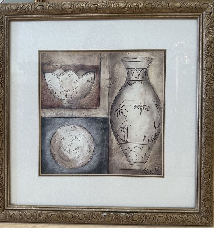 Artwork (Print). Celeste Peters. Drawings of Bowl, Plate, &amp; Pitcher. 17&quot;W x 17&quot;H
