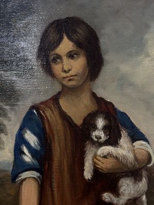 Artwork (Painting). Thomas Gainsborough. Gold-framed "Girl with Dog &amp; Pitcher". Museum-grade Reproduction. 14"W x 17"H