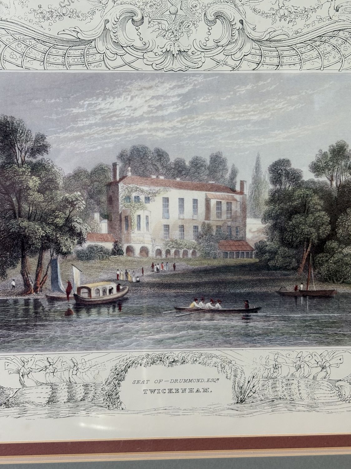 Artwork. England. Set of 2 Framed Prints. &quot;Tombelson&#39;s Views of the Thames &amp; Medway&quot; Series: &quot;Twickenham. Seat of Drummond&quot; &amp; &quot;Garrick&#39;s Villa.&quot; Gold Frames w/Glass. 26.5&quot;W x 23&quot;H