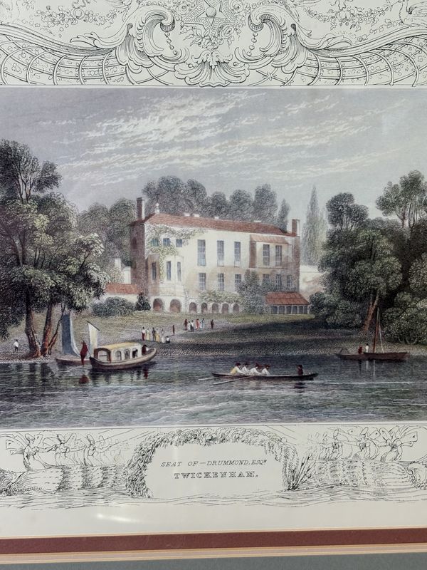 Artwork. England. Set of 2 Framed Prints. &quot;Tombelson&#39;s Views of the Thames &amp; Medway&quot; Series: &quot;Twickenham. Seat of Drummond&quot; &amp; &quot;Garrick&#39;s Villa.&quot; Gold Frames w/Glass. 26.5&quot;W x 23&quot;H