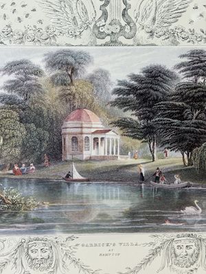 Artwork. England. Set of 2 Framed Prints. "Tombelson's Views of the Thames &amp; Medway" Series: "Twickenham. Seat of Drummond" &amp; "Garrick's Villa." Gold Frames w/Glass. 26.5"W x 23"H