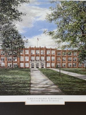 Artwork. USA. Print. "Greensboro Grimsley Senior High School" in Black Frame w/ Anti-reflective Glass. 20"H x 24.5"W