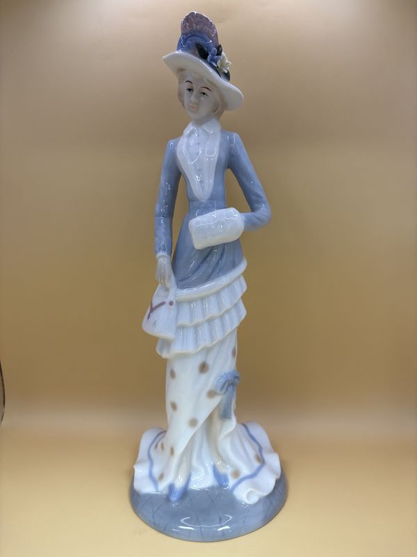 Figurine. Spain. Lladro. Woman Wearing Blue. Flower Hat and White Purse.