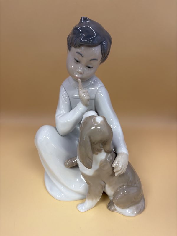 Figurine. Spain. Lladro NAO. #4522 &quot;Boy with Dog.&quot; 8&quot;H