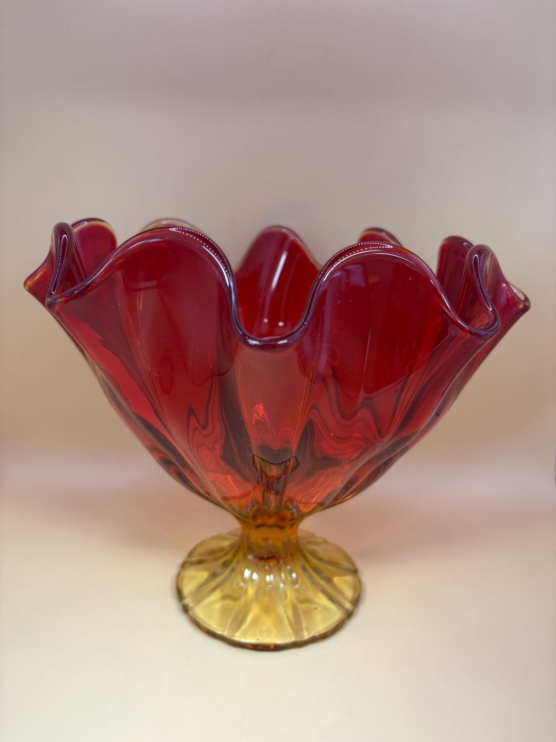 Glass. USA. L.E. Smith. Glass Compote w/Pedestal. Red w/Yellow Base. 6.88&quot;H