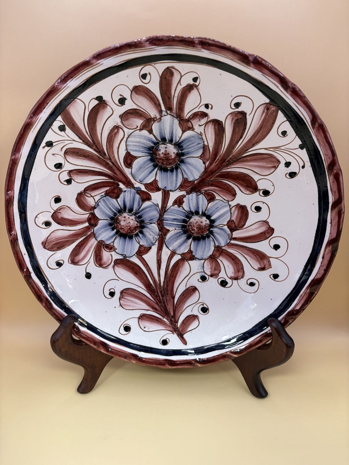 Ceramic. Italy. Decorative Plate. Blue and Red Florals. 9.5&quot;W