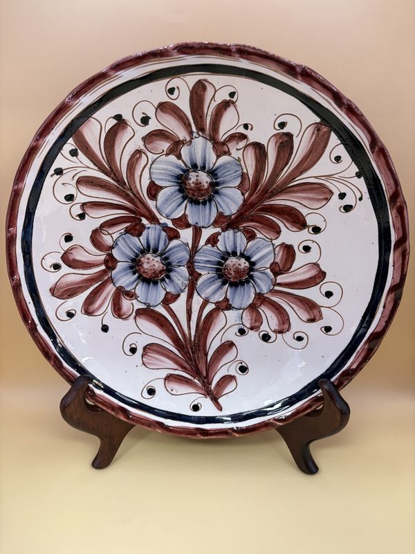 Ceramic. Italy. Decorative Plate. Blue and Red Florals. 9.5&quot;W