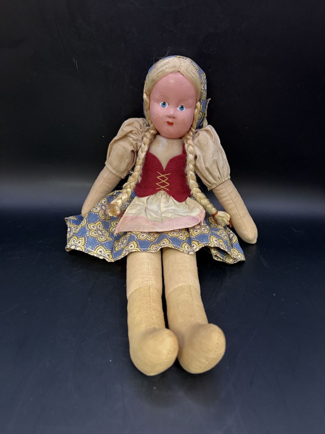 Doll. Poland. Peasant Style Doll. Blonde Braids &amp; Blue Eyes. Blue Yellow &amp; Red Dress. 12&quot;H