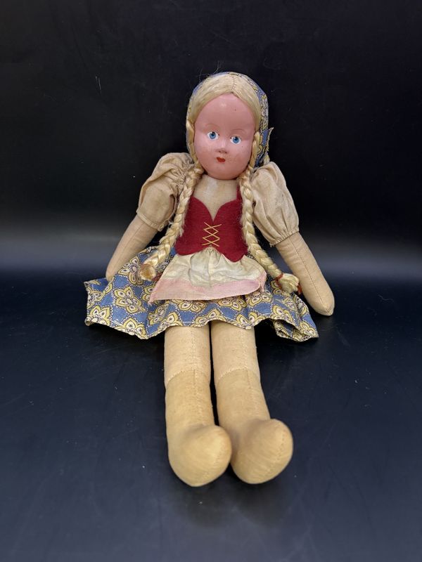 Doll. Poland. Peasant Style Doll. Blonde Braids &amp; Blue Eyes. Blue Yellow &amp; Red Dress. 12&quot;H