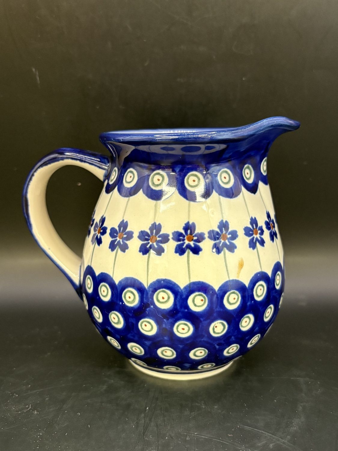 Polish Pottery. Poland. Ceramic. Boleslawiec. Small Pitcher. Flowering Peacock Pattern. 4&quot;H