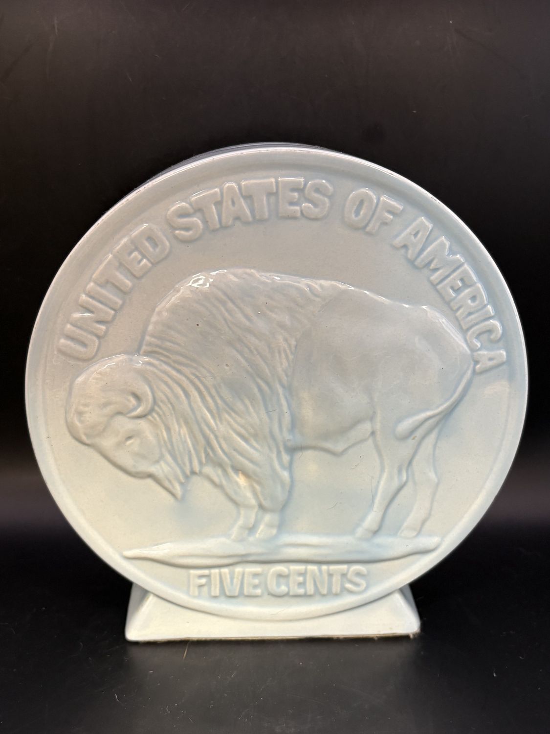 Ceramic. USA. Piggy Bank. One Side is Indian Head Penny; Other Side is Buffalo Nickel. Light Teal. 7.5&quot;H