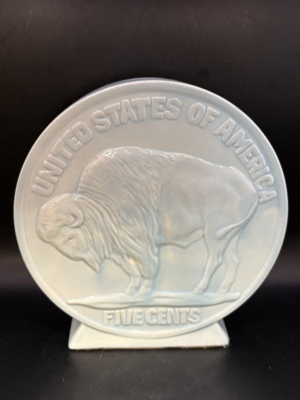 Ceramic. USA. Piggy Bank. One Side is Indian Head Penny; Other Side is Buffalo Nickel. Light Teal. 7.5&quot;H