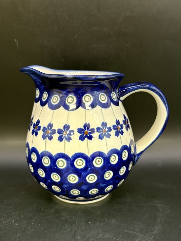 Polish Pottery. Poland. Ceramic. Boleslawiec. Small Pitcher. Flowering Peacock Pattern. 4"H